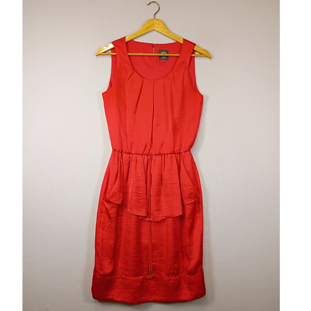 Chic Cocktail Vince Camuto Womens 2 Red Pleated Peplum Sheath Pocket Dress